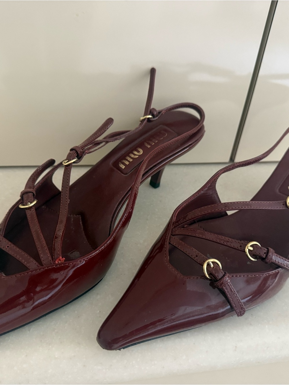 Miu Miu Burgundy Patent Leather Slingback Pointed Kitten Heels - Picture 3 of 5